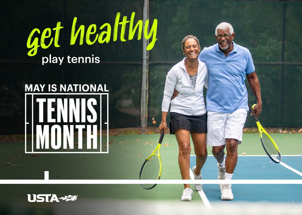 An older couple, smiling and holding tennis rackets, walks together on an outdoor tennis court. Text reads:
