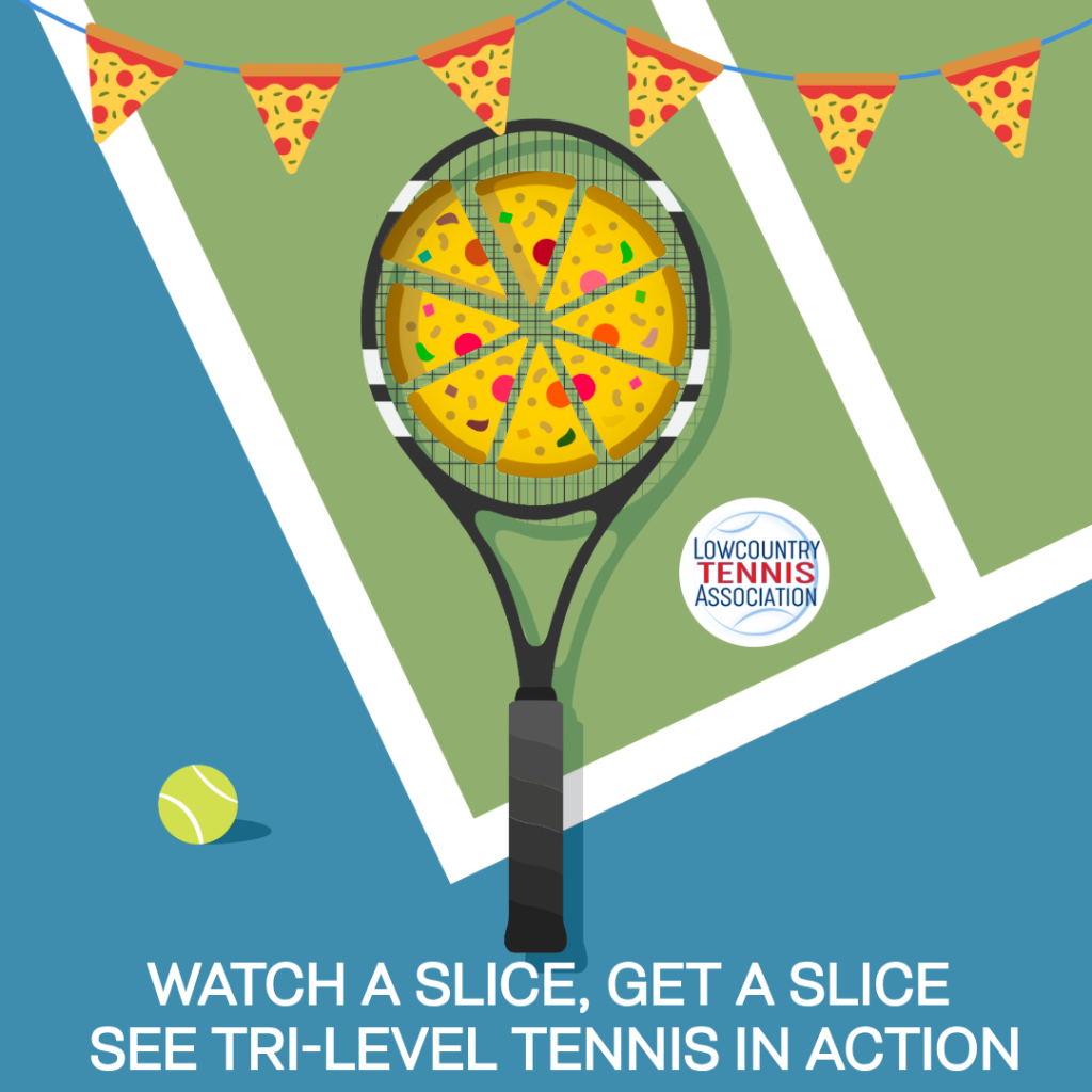 A tennis racket with a pizza sliced into six pieces inside the head sits on a court near a tennis ball. Festive pennant banners hang above, and text reads, 