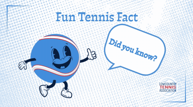 A smiling cartoon tennis ball with arms and legs holds up a speech bubble saying 