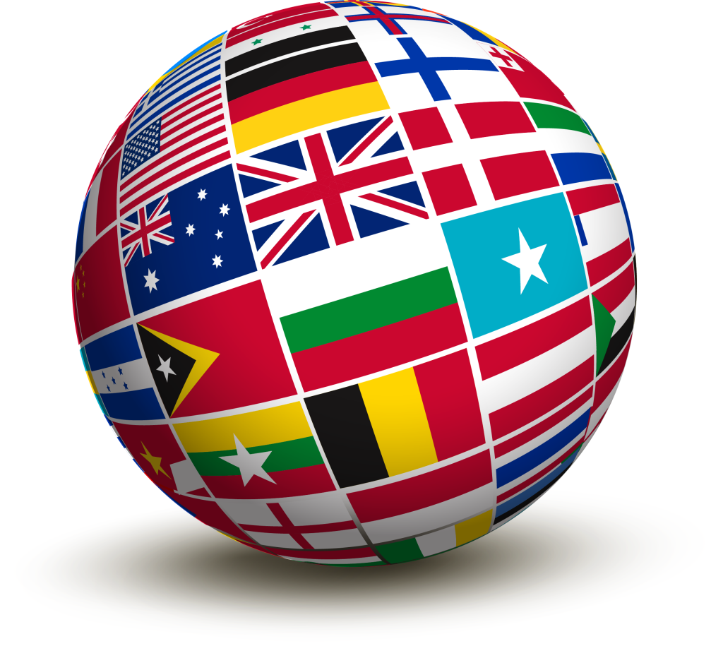 A 3D sphere covered with various international flags, including those of the United States, United Kingdom, Germany, Australia, and others, resting on a white surface with a shadow underneath.