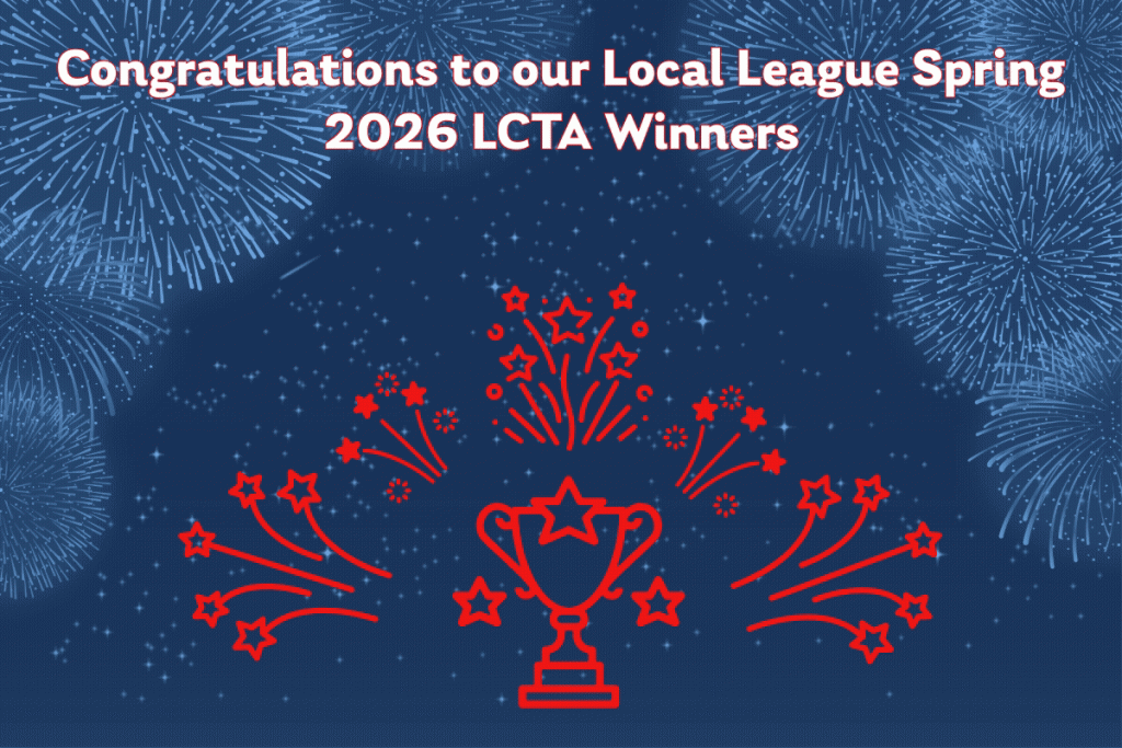 A festive graphic with fireworks, a trophy, and stars celebrates the Local League Spring 2026 LCTA Winners. The text at the top congratulates the winners on a dark blue background.