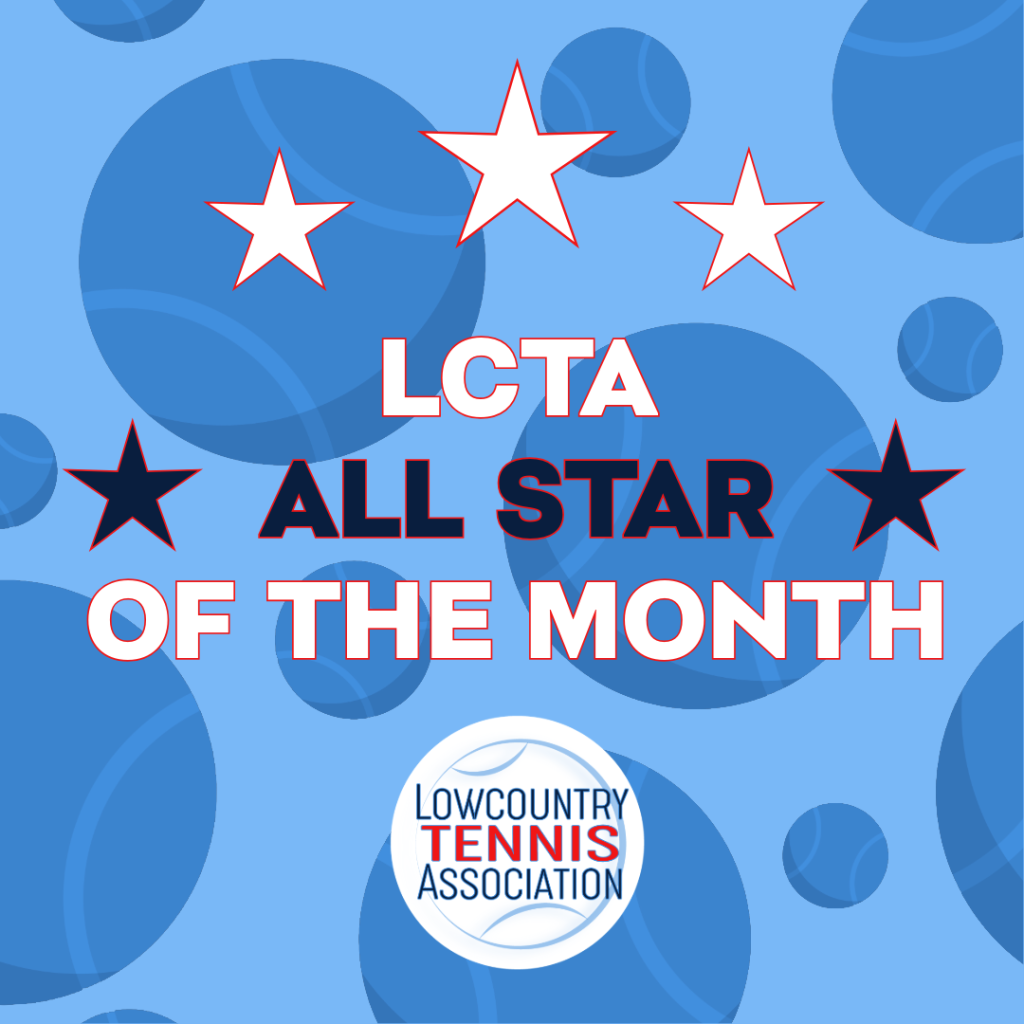Graphic with white stars and tennis ball patterns on a blue background. Text in the center reads 