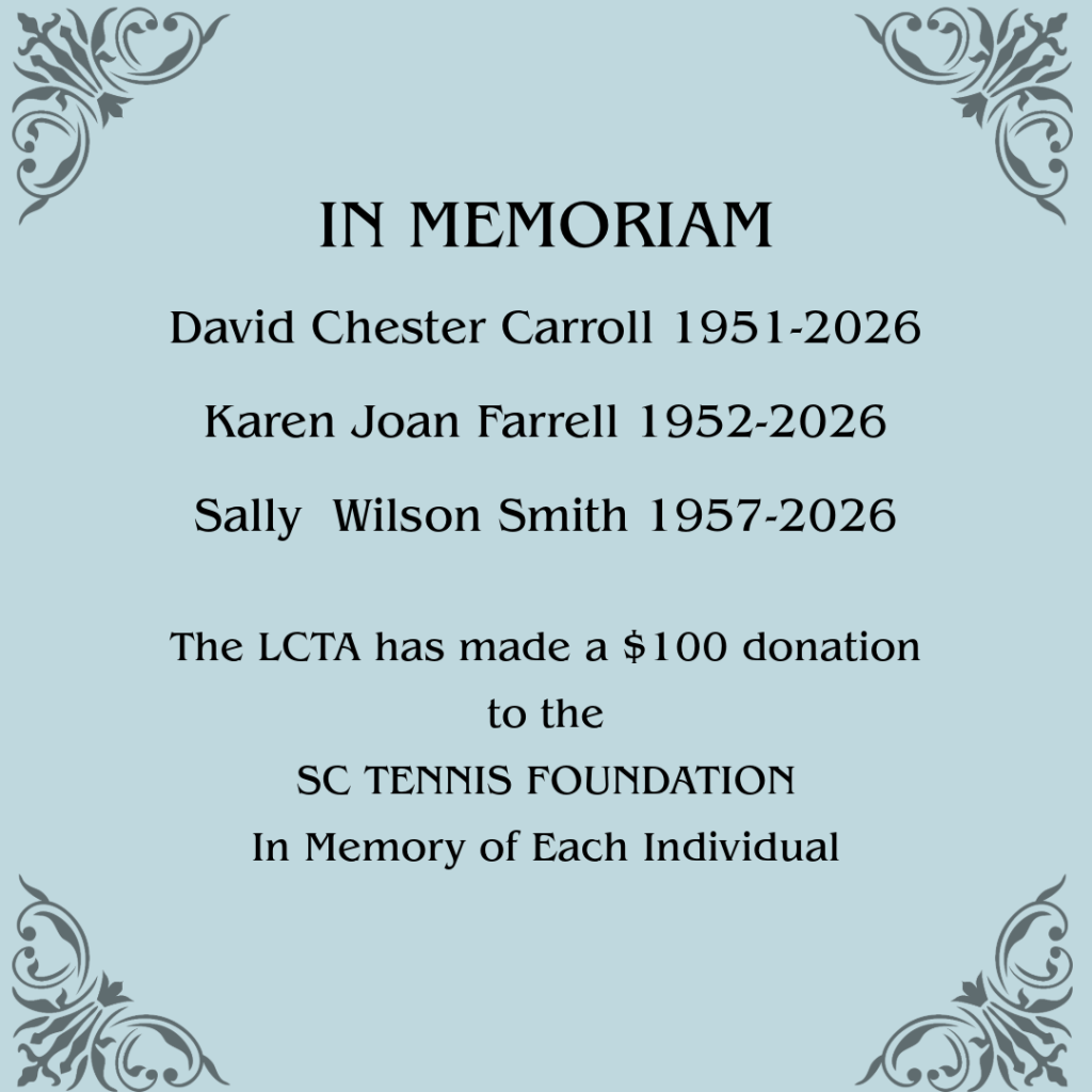 Pale blue memorial card with decorative corners, listing names and years: David Chester Carroll (1951-2026), Karen Joan Farrell (1952-2026), Sally Wilson Smith (1957-2026). Notes $100 donations made to SC Tennis Foundation in their memory.
