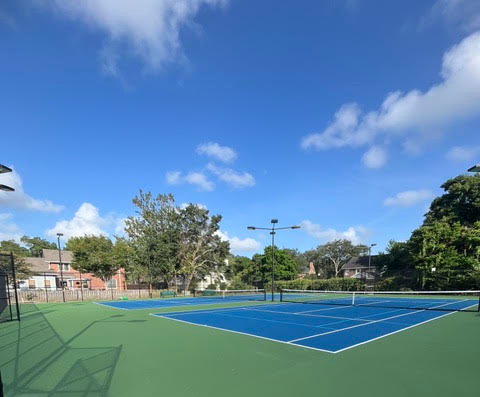 A bright, sunny day at an outdoor tennis court with a blue playing surface, green surrounding area, and residential houses and trees in the background.