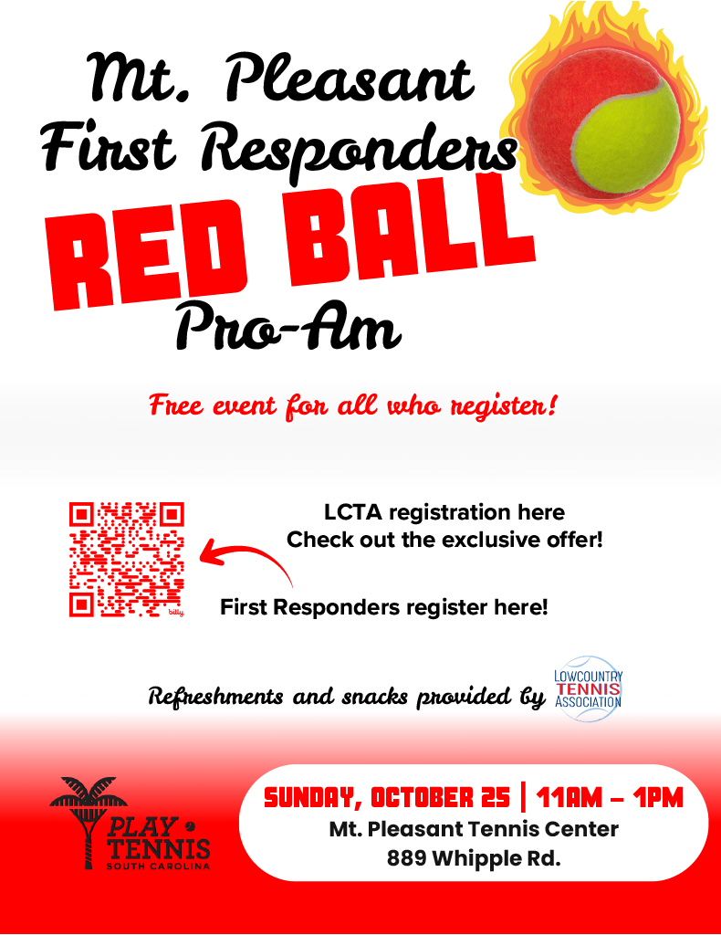 Flyer for Mt. Pleasant First Responders Red Ball Pro-Am, a free tennis event on Sunday, October 25, 11am–1pm at Mt. Pleasant Tennis Center; includes registration info, refreshments, and snacks.